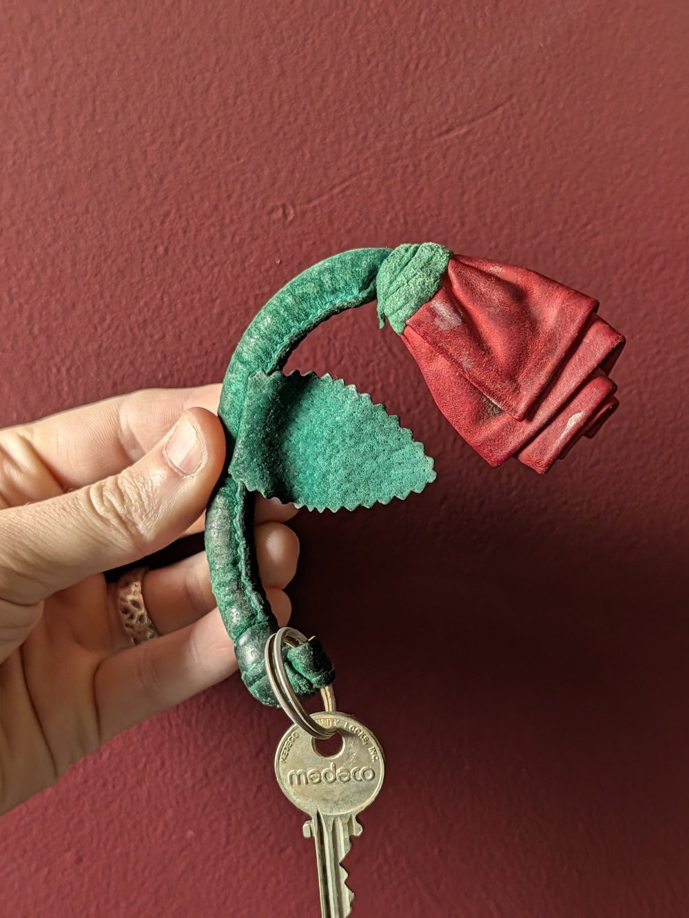 HERVE CHAPELIER Red Rose Leather Key Ring Chain Red Flower With Green Stem